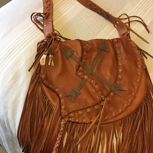 Slouchy boho fringe leather arrow bag